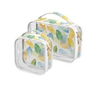 sanluoli Confezione da 2 sacchetti trasparenti per cosmetici da viaggio con foglie gialle blu trasparenti approvate TSA borsa da viaggio cosmetica portatile essenziale da viaggio, foglie d'arte ad