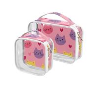 sanluoli Confezione da 2 trasparenti Happy Valentine's Day Cartoon Pink Cat Heart chiaro viaggio toilette TSA approvato riutilizzabile viaggio borse trucco viaggio essenziale
