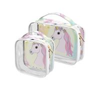 sanluoli Confezione da 2 unicorni magici trasparenti Trucco pastello e articoli da toeletta approvati TSA grande borsa cosmetica trasparente essenziale da barba, unicorni magici pastello, Unicorni