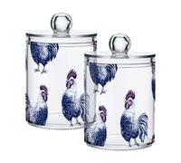 sanluoli Contenitore portaoggetti in plastica trasparente con coperchio, motivo gallo, blu navy, contenitore decorativo per cotton fioc, cotton fioc, graffette, fermagli per capelli, confezione da 2