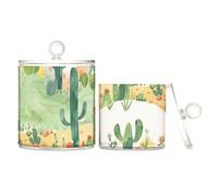 sanluoli Desert Plants - Barattoli in plastica trasparente con coperchio, accessori per il bagno, contenitori decorativi per cotton fioc, tamponi di cotone, filo interdentale, graffette, confezione da
