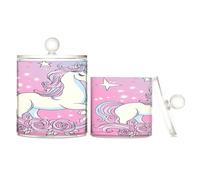 sanluoli Dreamy unicorns Magical - Barattoli in plastica trasparente con coperchio, contenitori decorativi per tamponi di cotone, bastoncini di cotone, filo interdentale, graffette, confezione da 2