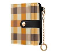 sanluoli Elegante portafoglio da donna in pelle PU a due pieghe, compatto, per ragazze e donne, a quadretti, marrone, acciaio giallo