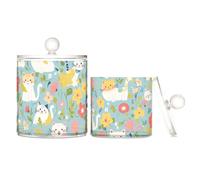 sanluoli Fresh Spring, scatole portaoggetti in plastica trasparente con coperchio, con motivo gatti, contenitori decorativi per tamponi di cotone, bastoncini di cotone, filo interdentale, graffette