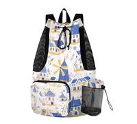 sanluoli Mulino a vento pesca blu coulisse spiaggia zaino stringa indietro borsa con tasche impermeabile