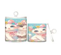 sanluoli Organizer per trucchi in plastica trasparente a forma di gatto, vintage, con coperchio, per riporre cotton fioc, bastoncini di cotone, filo interdentale, graffette, confezione da 2