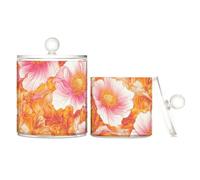 sanluoli Organizer per trucchi in plastica trasparente con motivo floreale arancione vivace, con coperchio, per riporre cotton fioc, bastoncini di cotone, filo interdentale, graffette, confezione da 2