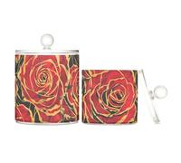 sanluoli Organizer per trucchi in plastica trasparente, stile retrò con rosa rossa, con coperchio, accessori per il bagno, contenitori decorativi per tamponi di cotone, tamponi di cotone, filo
