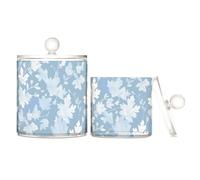 sanluoli Organizzatore per caramelle in plastica trasparente con foglie bianche, celeste, con coperchio, per accessori da bagno, contenitore decorativo per tamponi di cotone, batuffoli di cotone, filo