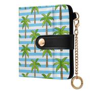 sanluoli Portafoglio pieghevole compatto da donna, alla moda, impermeabile, minimalista, in pelle PU, per ragazze e donne, con palma da cocco a righe bianche e blu