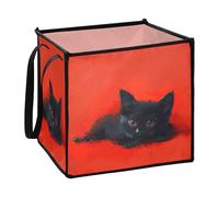 sanluoli Sfondo rosso con un gattino nero del fumetto sdraiato su di esso in tessuto cubi contenitori per ufficio pieghevole decorazione cestini dispensa 33 x 33 x 33 pollici
