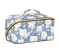 sanluoli Simpatico cartone animato gatti fiori margherita borse trucco con divisori Essentials Travel Cosmetic Bag per le donne verticale autoportante