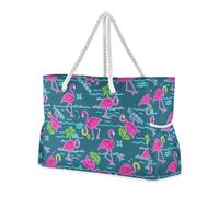 sanluoli Summer Neon Flamingo Coconut Tree Blue Large Capacity Tote Bags con tasche laterali Borsa da viaggio portatile con tasche con cerniera