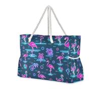 sanluoli Summer Neon Flamingo Onda Blu Navy Tote Bag Portatile Spiaggia con tasche laterali Scuola Tote Bag per spiaggia, scuola e lavoro