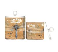 sanluoli Sweet Dragonfly - Contenitori in plastica trasparente marrone con coperchio, accessori essenziali per il bagno, contenitori decorativi per cotton fioc, tamponi di cotone, filo interdentale