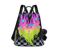 sanluoli Zaino alla moda da donna multiuso per la scuola da donna, per viaggi, lavoro, tutti i giorni, con portachiavi con pompon, Design inquietante con coniglietti di fantasmi al neon, M, Casual