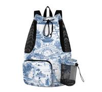 sanluoli Zaino blu con coulisse di architettura cinese estetica per la borsa da bagno della palestra di nuotata con le tasche interne separazione bagnata asciutta
