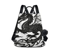 sanluoli Zaino da viaggio alla moda zaino multiuso leggero per le donne per lo shopping quotidiano del college con portachiavi Pom-pom, Moda Drago Cinese Nero e Bianco, M, Casual