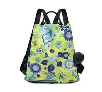 sanluoli Zaino leggero da donna alla moda per laptop zaino per donne impermeabile per lo shopping quotidiano del college con portachiavi Pom-pom, Boho Verde Fioritura Blu, M, Casual