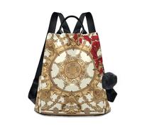 sanluoli Zaino per laptop alla moda zaino multiuso per donna borsa per shopping giornaliero universitario con portachiavi Pom-pom, Stile Medio Oriente Vintage Fiore Rosso e Marrone Chiaro, M, Casual