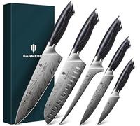 SANMEIHO Set Coltelli Cucina Giapponesi 5 Pezzi Acciaio in Polvere | Set Coltelli da Chef Professionale 63 HRC Ultra Affilato 12°, Manico Ergonomico in Legno Naturale