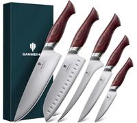 SANMEIHO Set Coltelli da Cucina Giapponesi 5 Pezzi Ultra Affilato 12° | Acciaio inox 5 strati, anima 10Cr15MoV elevata durezza, manico Pakka, confezione regalo, ideale per carne, verdura e frutta