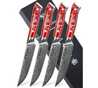SANMUZUO Coltelli da Bistecca 4 Pezzi Set Coltelli da Tavola 13 cm, Coltello da Chef Acciaio Damasco da 67 Strati- Impugnatura Ergonomica Resina - Xuan Series(Rosso Tramonto)