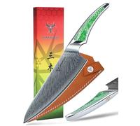 SANMUZUO Coltello da Chef da 20CM, giapponese VG-10 Coltello da cucina in acciaio damasco, coltello da cucina ultra affilato con impugnatura a codolo intero in resina verde, serie LA-S9