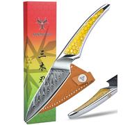 SANMUZUO Coltello da Spelucchino da 9CM, coltello da cucina in acciaio damasco giapponese VG-10, coltello da frutta ultra affilato con impugnatura a codolo intero in resina Giallo, serie LA-S9
