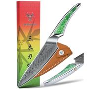 SANMUZUO Coltello Multiuso da 13CM, coltello da cucina in acciaio damasco giapponese VG-10, coltello da frutta ultra affilato con impugnatura a codolo intero in resina verde, serie LA-S9