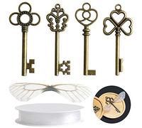 SANNIX 30 ciondoli vintage con chiavi a scheletro con 30 paia di ali di libellula e 30 metri di corda elastica di cristallo per gioielli fai da te per feste di nozze bomboniere decorazione stanza