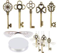 SANNIX 50 chiavi scheletriche vintage, chiavi volanti con 50 paia di ali di libellula e 30 metri di corda elastica di cristallo per decorazioni natalizie fatte in casa, Bronzo, Cristallo