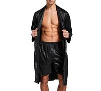 Sanraflic Accappatoio da uomo, in raso, leggero seta, a maniche lunghe, con pantaloncini, da notte, Nero , XL