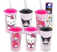 SANRIO Bicchieri riutilizzabili per bambini, 473 ml, confezione da 6 pezzi con tazza da 473 ml con coperchio e cannuccia con adesivi Hello Kitty, My Melody, Kuromi Plus per bambini, ragazze con