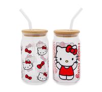 Sanrio Hello Kitty 16-Ounce Vetro Bicchieri Alti Con Bambù Coperchio & Paglia