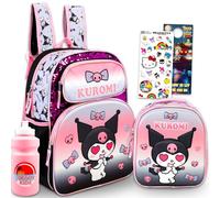 SANRIO Kuromi - Zaino con portapranzo, set con 16 zaini per la scuola, borsa per il pranzo, bottiglia d'acqua, adesivi, altro ancora | Kuromi School Bag per ragazze e bambini