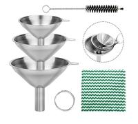 Sanrolax Set di 3 imbuti in acciaio inox, anello rotondo da appendere, imbuto impilabile, piccolo con spazzola per la pulizia, asciugamano da cucina, polvere, marmellate