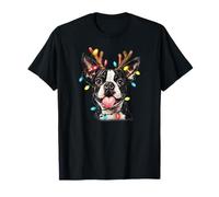 Santa Boston Terrier Renna Luce Natale Maglietta