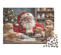 Santa Claus with Puppies-Christmas Festive Scene Jigsaw Puzzle Educational Game Santa with Golden Retrievers for Adults Teens Age 12 Years Up 38x26cm/1000pcs
