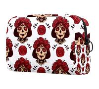 Santa Muerte Calavera Skull con rose rosse borsa cosmetica da donna, borsa da viaggio grande per trucchi pratica borsa organizer con cerniera, Multi, 18.5x7.5x13cm/7.3x3x5.1in, Beauty case