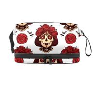 Santa Muerte Calavera Skull with Red Roses Double Layer Cosmetic Bag per donne e ragazze, borsa da viaggio per trucchi pratica borsa organizer con scomparto per pennelli, Multi, 27x15x14