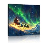 Santa Slitta Tela Arte Della Parete Scena Notte Invernale Settentrionale Immagini Immagini Stampe Opere d'Arte per Pranzo A Casa Decorazioni Vacanze di Natale Murale 65x65cm Innerframe