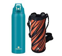 SANTECO Borraccia con blocco di sicurezza per perdite, thermos in acciaio inox, 1,5 l, senza BPA, con borsa per il trasporto, lavabile in lavastoviglie, per viaggi, campeggio, blu