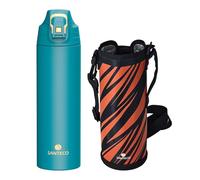 SANTECO Borraccia con blocco di sicurezza per perdite, thermos in acciaio inox, 1 l, senza BPA, con borsa per il trasporto, lavabile in lavastoviglie, per viaggi, campeggio, blu