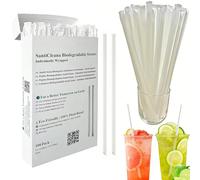 SantiCleana 100 Cannucce Biodegradabili, Individualmente Imballate, 21 cm, da -10℃ a 85℃, a Base di Piante, Dritte, Bianche, Compostabili, Senza BPA