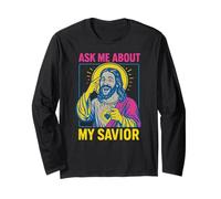Santo Umorismo Chiedimi del Mio Salvatore Fun Mens Christian Faith Maglia a Manica