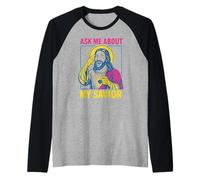 Santo Umorismo Chiedimi del Mio Salvatore Fun Mens Christian Faith Maglia con Maniche Raglan