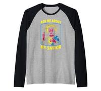 Santo Umorismo Chiedimi del Mio Salvatore Fun Mens Christian Faith Maglia con Maniche Raglan