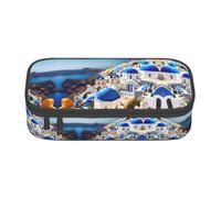 Santorini - Astuccio portamatite con stampa di isola greca, grande capacità, astuccio multiuso per trucchi con cerniera, Nero , Taglia unica, Beauty case