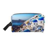 Santorini - Beauty case da donna, con stampa di isola greca e vista sul mare, borsa da viaggio spaziosa per cosmetici da uomo, bianco, Taglia unica